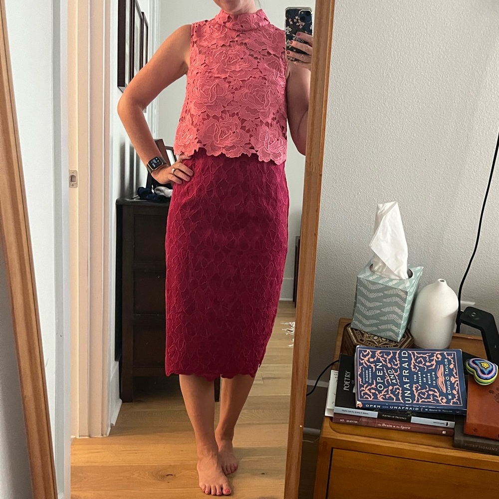 Monique Lhuiller Pink Red Colorblock Lace Midi Dress
